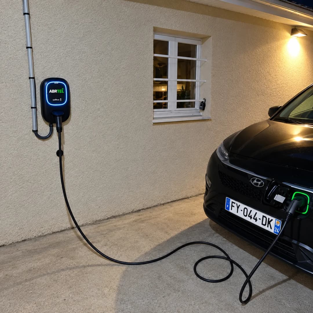 Voiture électrique en charge le soir devant une maison